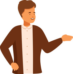 Fototapeta premium Young man standing and gesturing with his hand while smiling and presenting something