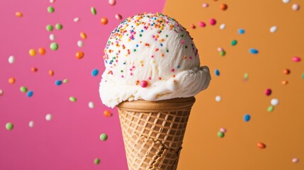 A delicious ice cream cone topped with colorful sprinkles against a vibrant backdrop. Perfect for summer celebrations and desserts.