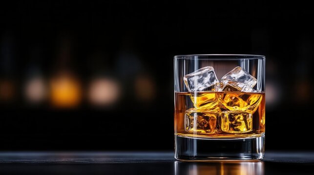 A close-up of a glass of whiskey with ice cubes, showcasing a sophisticated drink against a blurred background.