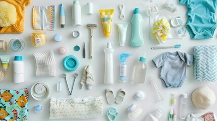 A newborn baby lies surrounded by toiletries, toys and health care equipment. Protection and care on white background Includes pregnancy and baby shower shopping. view from above