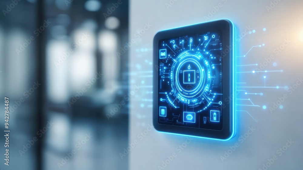 Poster a futuristic digital control panel displaying high-tech features and connectivity, symbolizing innov