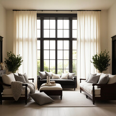 A serene cozy living room bathed in soft, warm light