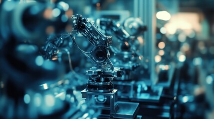 Close-up of a robotic arm with a camera lens in a factory setting