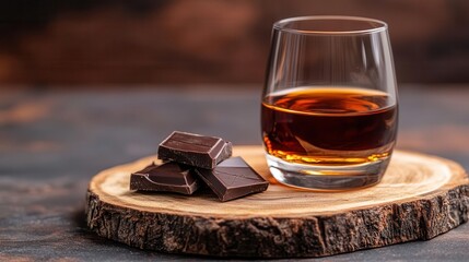 Indulge in a perfect pairing of rich chocolate and smooth whiskey on a rustic wooden surface.