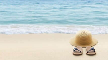 A serene beach scene featuring a straw hat and sandals on the soft sand, inviting relaxation and summer vibes.