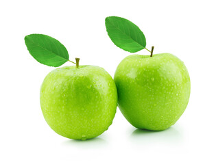 Isolated green apple with water drops (white background). Fresh diet fruit. Healthy fruit with vitamins.