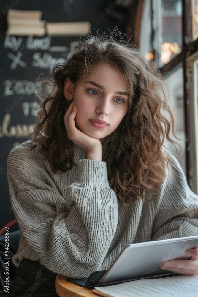 Poster a woman sits at a table using a tablet, possibly working or browsing