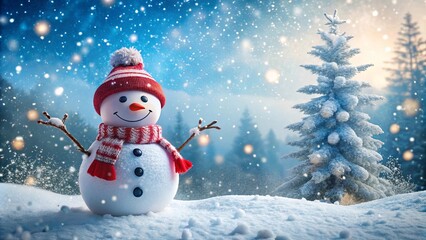 Cheerful snowman in a winter wonderland setting with snowflakes falling around, perfect for a festive Christmas card