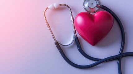 A stethoscope and a red heart symbolize health and care in medicine, representing the connection between healthcare professionals and patients.