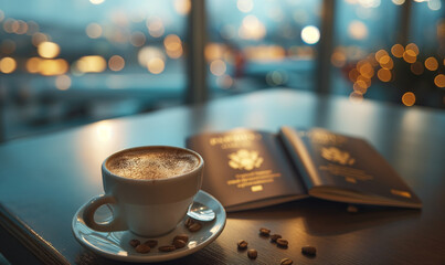 Cup of hot coffee on the table against the background of an airplane at the airport. Cup of cappuccino americano or latte coffee with a passport on the table at the airport. Tourism and travel concept
