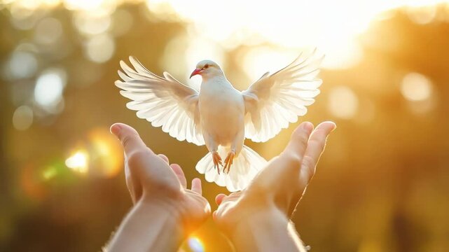 A dove levitate above human hands, peace and religion god concept.