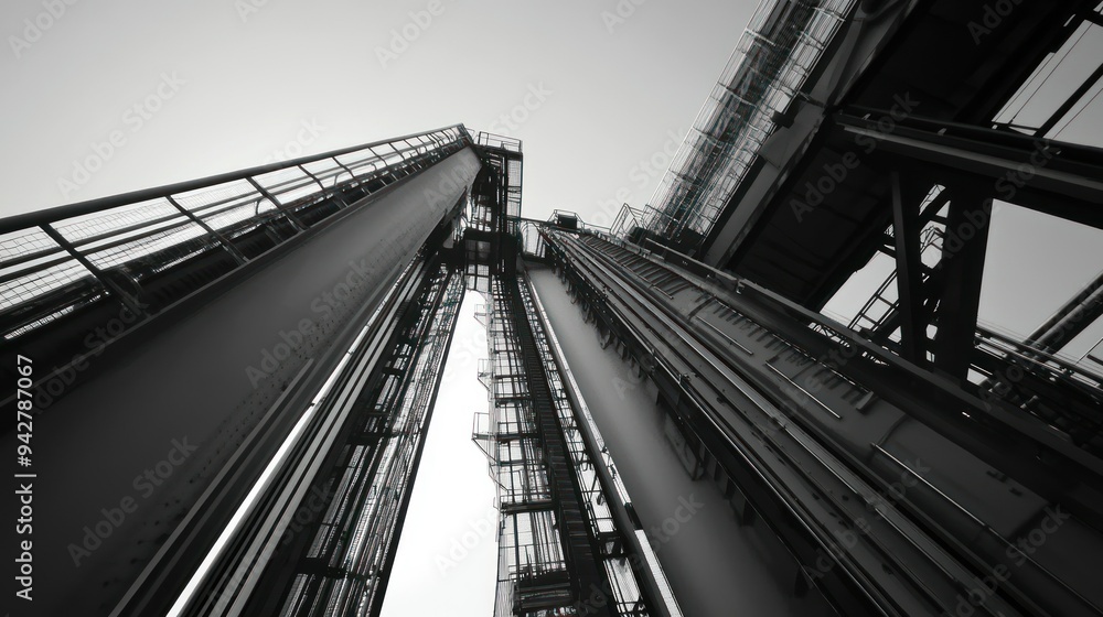 Poster a low-angle view of a metal structure