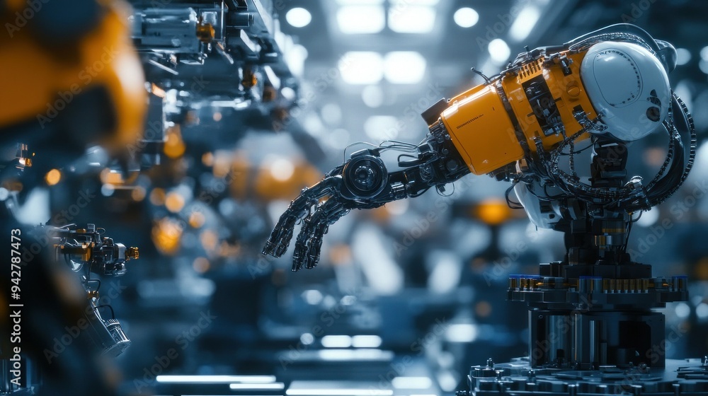 Poster robotic arm with mechanical hand reaches out in a factory setting
