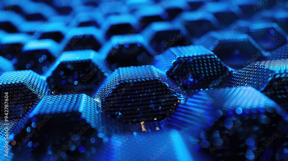 Poster Abstract blue and black honeycomb pattern with blurred bokeh lights.