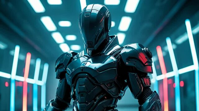 Armored figure stands in futuristic corridor. Neon lights reflect off metallic armor, creating an eerie glow. Imposing presence suggests advanced technology and possible dystopian future.	