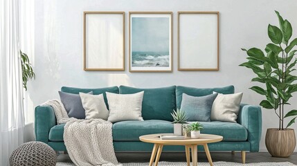 Cozy modern living room featuring a vibrant teal sofa adorned with soft pillows. Stylish artwork frames hang above. Perfect for relaxation and design inspiration. AI