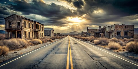 Obraz premium An eerie empty road in a ghost town, symbolizing abandonment and desolation