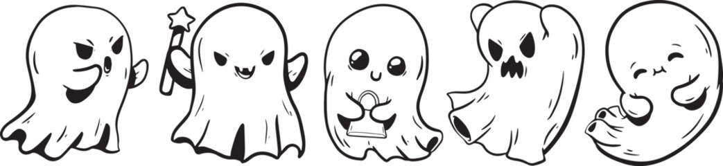 Halloween ghost set vector illustration. Cute funny happy spirits with different emotions, face expressions. Happy halloween phantom design isolated on white background in simple modern flat cartoon