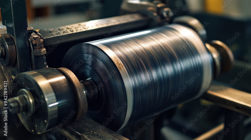 Aufkleber close-up of a rotating industrial roller in a factory setting