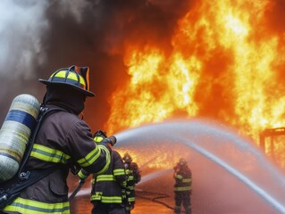 Fototapeta premium Brave firefighter battling a fierce blaze with water spray, showcasing courage and teamwork in emergency response.