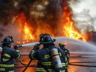 Brave firefighters battle a raging inferno, demonstrating courage and teamwork in the face of danger.