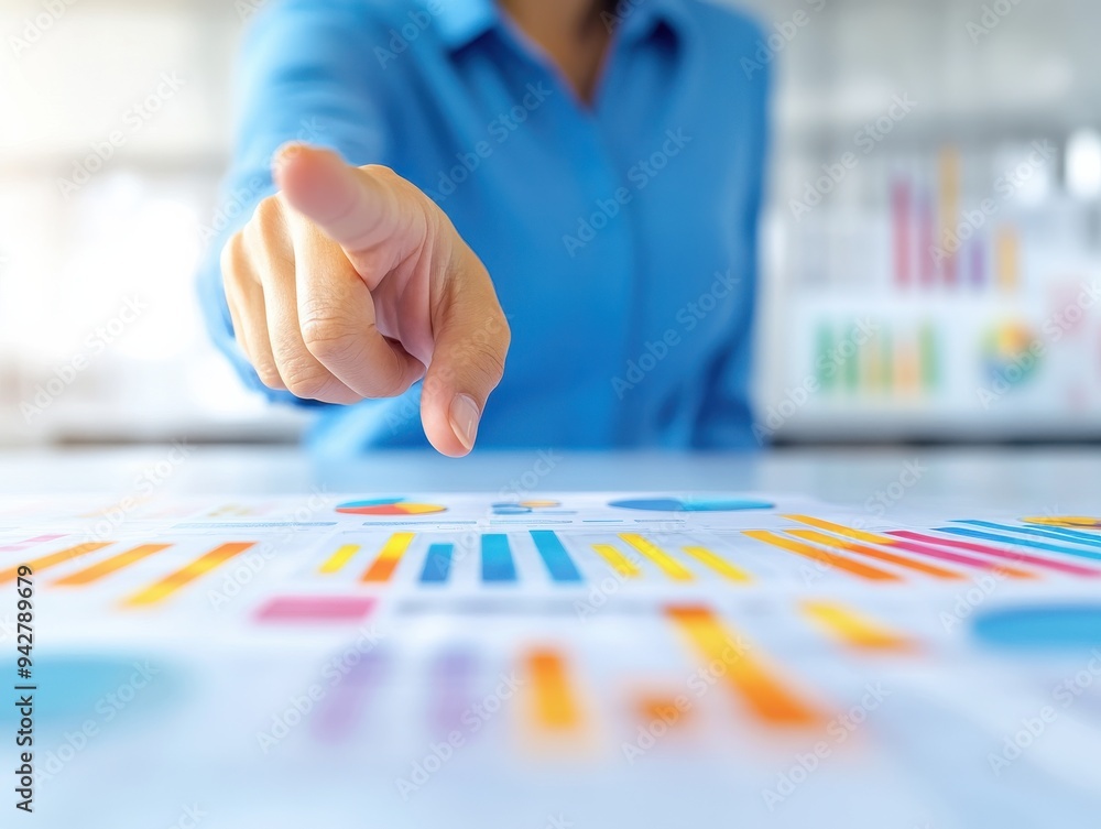 Poster business professional analyzing data with charts and graphs, focusing on performance metrics and sta