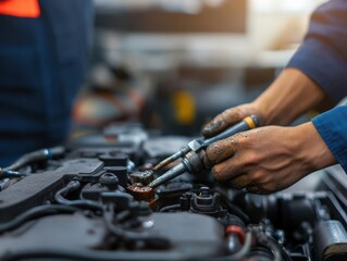 Close-up of a mechanic's hands using tools to work on an engine, showcasing automotive maintenance and repair skills.