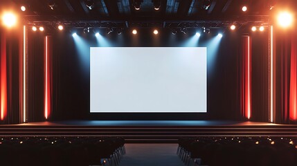 Sleek Event Stage with Large Blank Screen Mockup and Professional Setup for Conferences and Keynotes