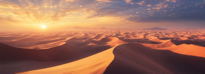 Sunlit Desert Dunes with Dramatic Sky at Sunset