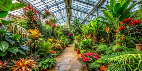 Tropical conservatory filled with vibrant greenery and colorful exotic plants
