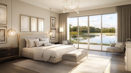 Chic Bedroom Elegance: Oversized Bed, Serene Water Views & Contemporary Art – Perfect Poster for a Sophisticated Interior Design!