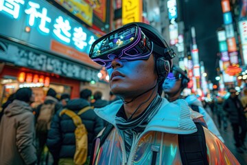 Man wearing futuristic AR/VR glasses in a vibrant city street at night. Illuminated neon signs and busy crowd in the background.
