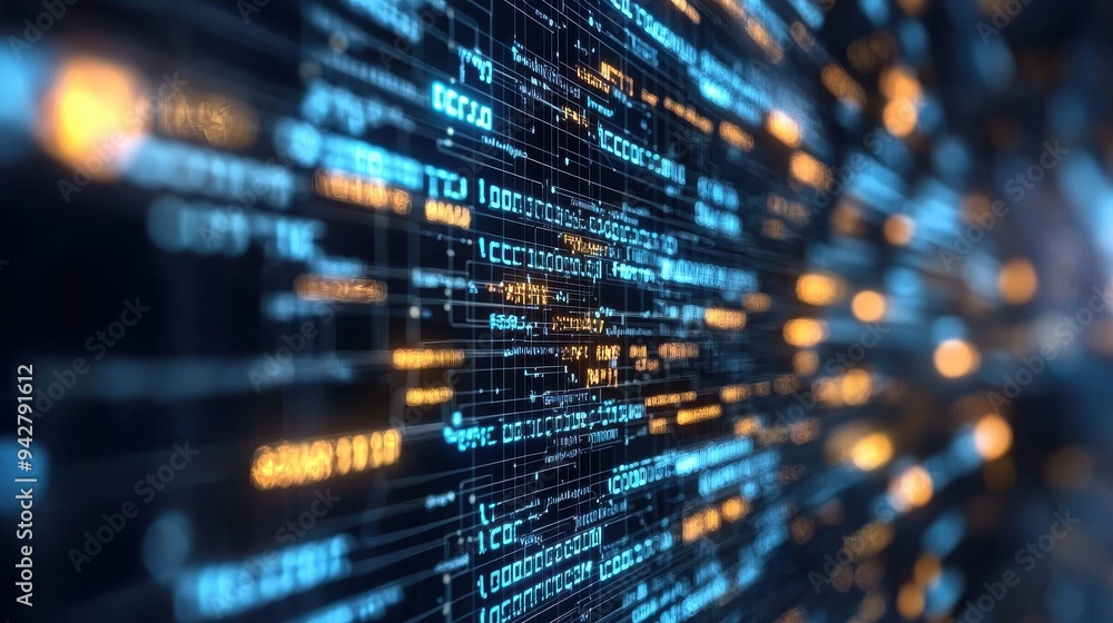 Poster futuristic data visualization: glowing code lines in the digital era