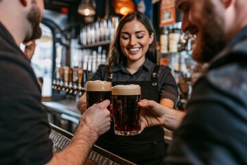 A friendly bartender is serving two pints of frothy craft beer to smiling customers at a bustling bar filled with decorative elements, creating a welcoming ambiance