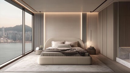 Serene Coastal Escape: A Contemporary Bedroom Design Featuring a Plush Upholstered Bed and Stunning Sea Views – Perfect for Your Home Decor Poster!