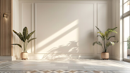 A bright and airy room with two potted plants and a large window, perfect for showcasing your home decor.