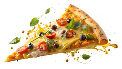 Slice of testy cheesy pizza and Flying Ingredients on a transparent background