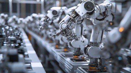 Fototapeta premium Robotic Arms on an Automated Assembly Line in a Factory