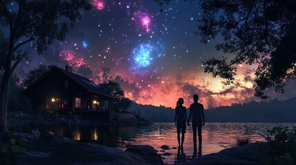 Fototapeta premium Enchanting Night: A Couple Holding Hands in Front of a Cozy Home Under Cosmic Skies – Perfect for a Serene Poster to Elevate Any Interior Space