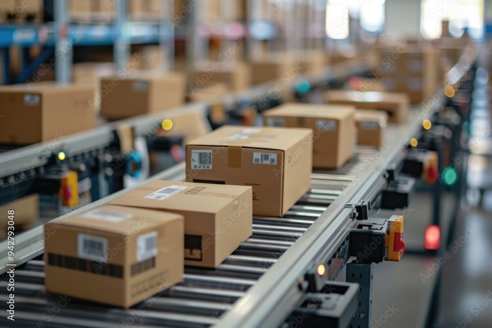Poster boxes on a moving conveyor belt in a modern warehouse setting