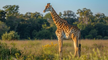 Fototapeta premium A giraffe standing in an open field with trees and sky in the background.