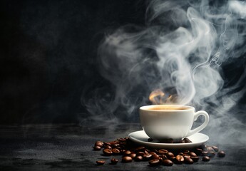 Fototapeta premium white cup of coffee with smoke and hot coffee beans on a dark background