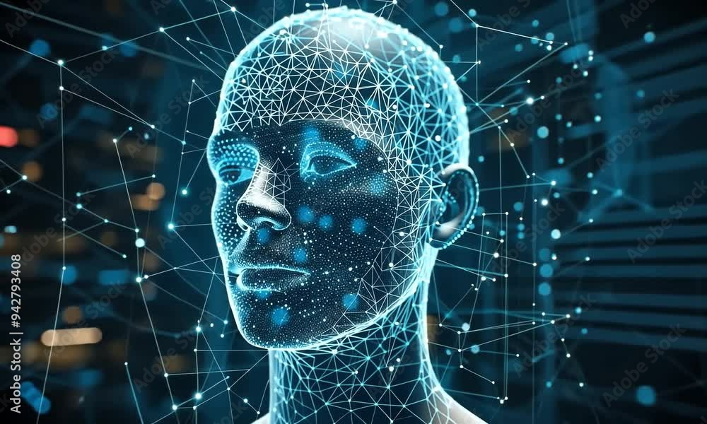 Poster exploring the boundaries of artificial intelligence through the digital representation of a human he