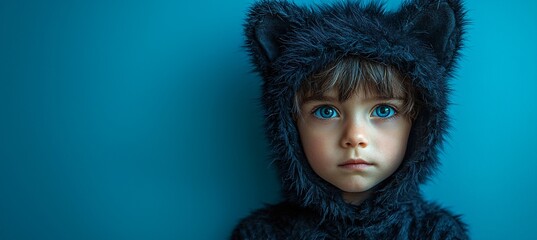 Halloween cute young boy dressed as a werewolf on a blue banner, ideal for promotions and events with copy space.