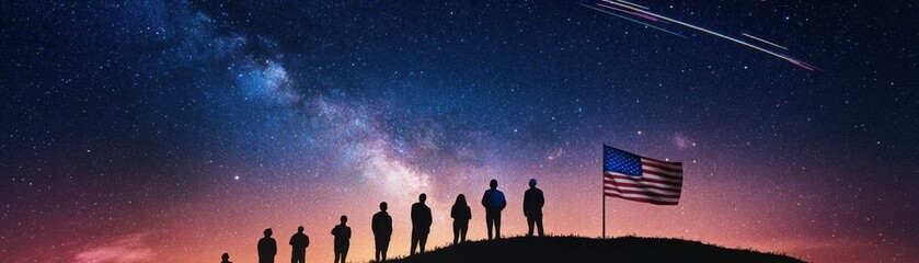Fototapeta premium Silhouettes of soldiers against a starry sky, featuring an American flag, symbolizing unity and sacrifice for freedom.