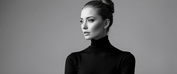 Black and white fashion art studio portrait of beautiful elegant woman in black turtleneck. Hair is collected in high beam. Elegant ballet style