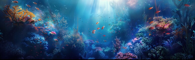 Fototapeta premium Sunbeams Illuminating Coral Reef and Fish
