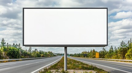 Obraz premium Blank billboard on an empty road, surrounded by trees and under a cloudy sky, ideal for advertising and promotional content.