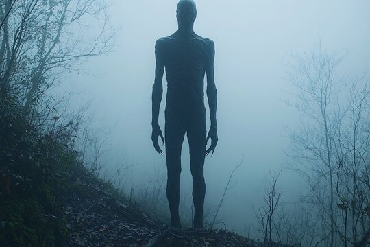 Halloween horror scene featuring a tall, eerie monster silhouette in a misty forest, perfect for spooky event promotions, with copy space.