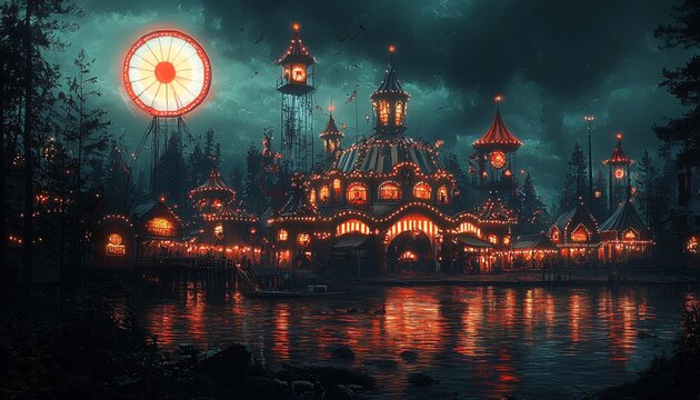 Halloween haunted circus at night with eerie atmosphere and vibrant colors, perfect for event invitations, decorations, or themed party promotions with copy space.